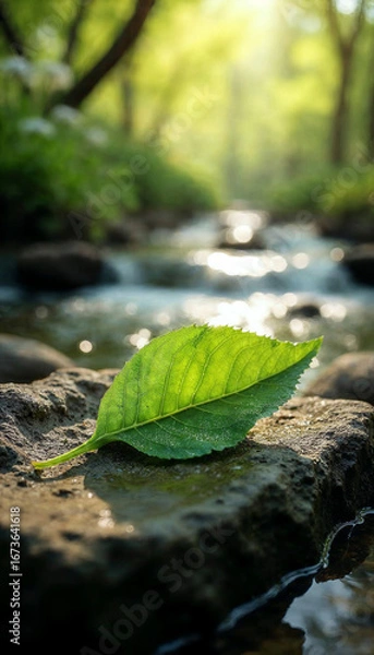 Fototapeta Morning Dew on a Leaf by a Gentle River – Serene Forest Scene with Soft Light