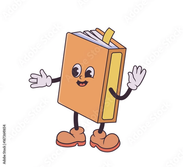Fototapeta Smiling cartoon book character with bookmark waving.