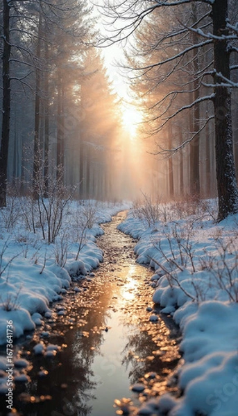 Fototapeta Winter Forest Stream – Golden Sunlight Through Snow-Covered Trees and Reflecting Water