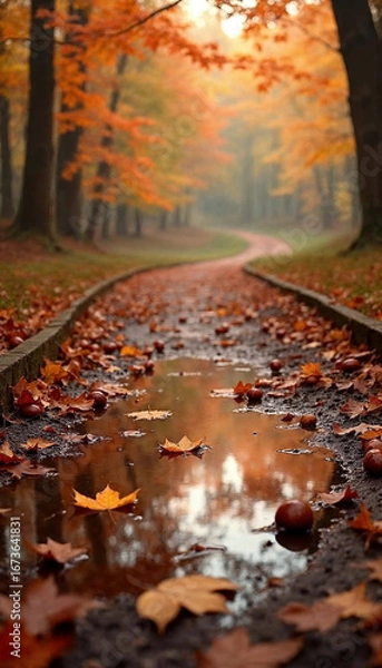 Fototapeta Autumn Forest Path – Golden Leaves Reflecting in a Puddle on a Misty Morning