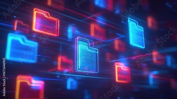 Fototapeta Abstract network grid with files and folders, futuristic software interface, digital document management system, store, search and organize documents, corporate business, paperless office	
