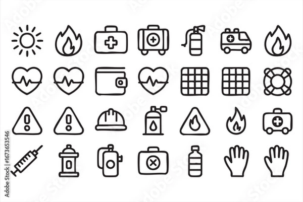 Fototapeta Emergency and First Aid Icons Set in Clean Line Vector Style