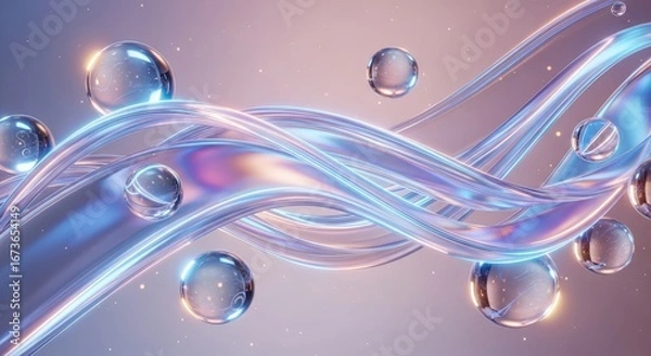 Fototapeta Abstract 3D background with flowing iridescent waves and transparent liquid spheres representing science and beauty concepts