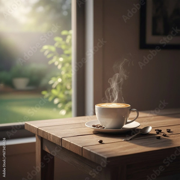 Obraz Latte with Steam on Rustic Table by Window