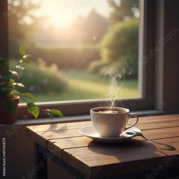 Obraz Steaming Coffee Cup on Wooden Table at Sunrise