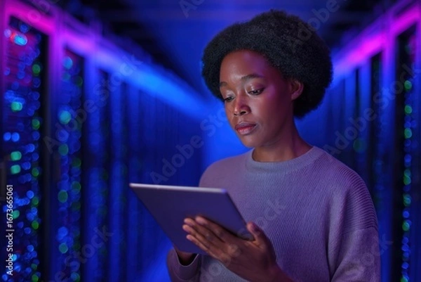 Fototapeta Engaged woman examines data on tablet in a modern server room illuminated with colorful lights