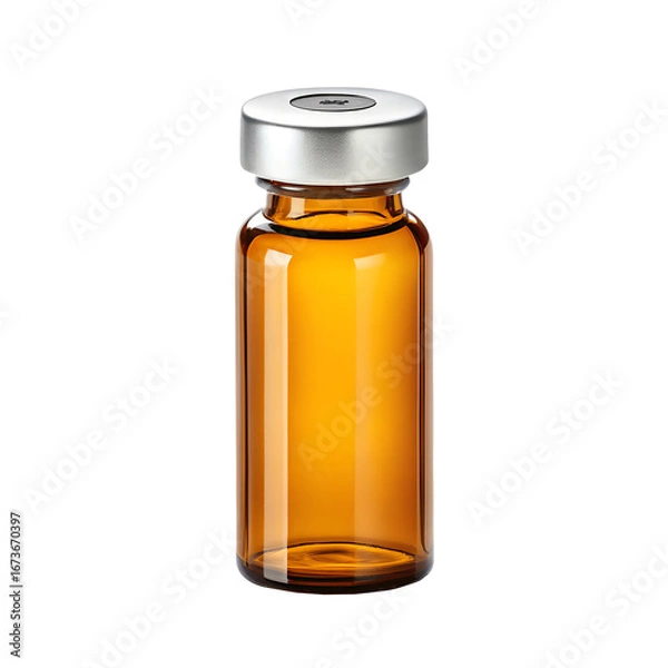 Obraz A small empty amber glass medical vial with a shiny silver cap stands upright, perfectly isolated on a clean transparent background for pharmacy use.