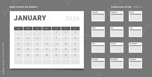 Fototapeta Set of 12 Pages Monthly Calendar Planner Templates with Logo Company on 2026 year. Vector mockup of wall or desktop organizer grid with the week start on Sunday ready print. Pages Letter -8.5x11 in