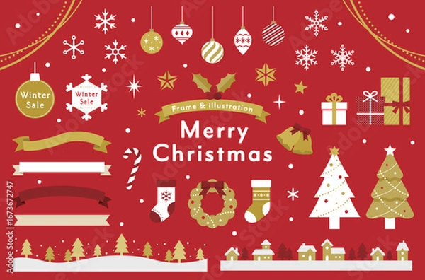 Fototapeta クリスマスのイラスト素材とフレームのセット　飾り　装飾　あしらい　クリスマスツリー　プレゼント　結晶