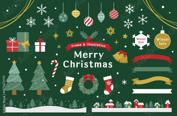 Fototapeta クリスマスのイラスト素材とフレームのセット　飾り　装飾　あしらい　クリスマスツリー　プレゼント　結晶