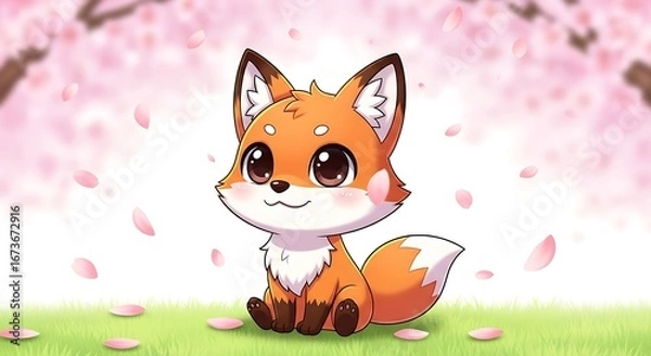 Fototapeta A charming cartoon fox sits on grass, surrounded by falling pink cherry blossom petals.