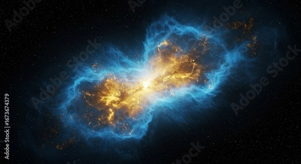 Fototapeta Exquisite cosmic tapestry: a celestial dance of golden flares and azure mists