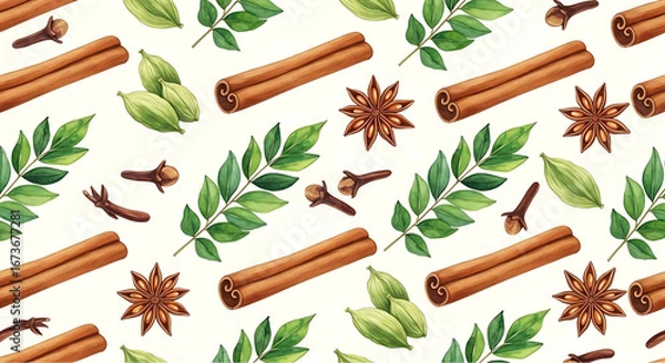 Obraz Seamless watercolor pattern of South Asian spices and herbs, cinnamon cardamom cloves star anise curry leaves, tileable light background, print-ready vector look, high contrast