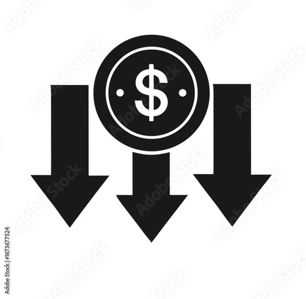 Fototapeta Currency Decline Icon – Banknote or Coin with Downward Arrow Symbolizing Financial Loss.