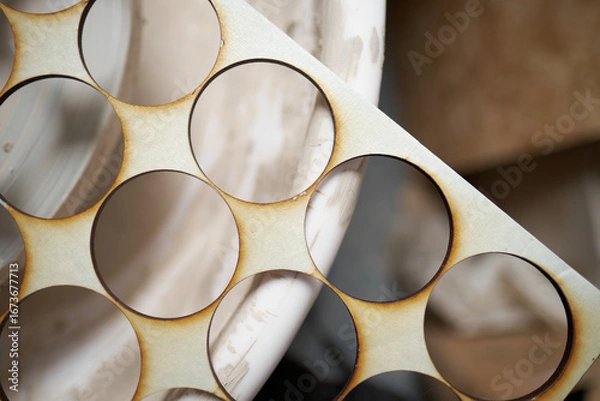 Fototapeta Circular Laser Cut Wooden Board with Decorative negative circular shape cut holes. Laser cutting technology and industry. Arts and crafts tools and methods.