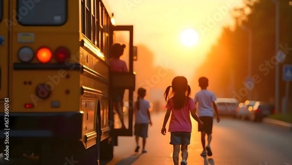 Fototapeta Pupils walking along the city street beside a large yellow school bus with urban background showing lifestyle, daily activity and transportation in outdoor environment