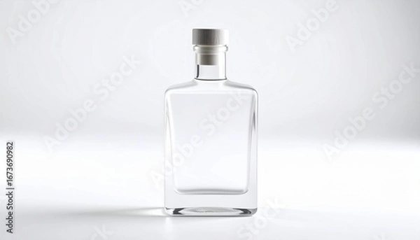 Obraz Elegant Decanter of Tranquility: A pristine, rectangular glass decanter, its sleek form exuding purity and refinement, stands poised with a natural cork stopper.