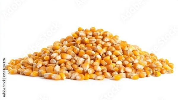 Fototapeta Golden corn kernels on white background. AI image