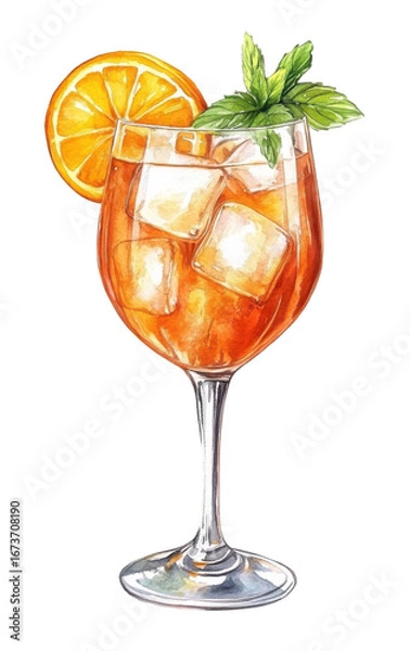 Fototapeta Lillet Spritz cocktail watercolor illustration with orange slice and mint garnish, bright summer drink art for bar menu, refreshing aromatic beverage, elegant botanical cocktail poster design