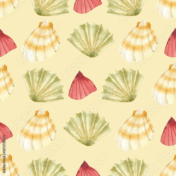 Fototapeta Underwater background pattern of shells, starfish. Watercolor illustration, hand drawn in gentle colors collection, isolated for cards, posters, packaging, labels, invitations, print