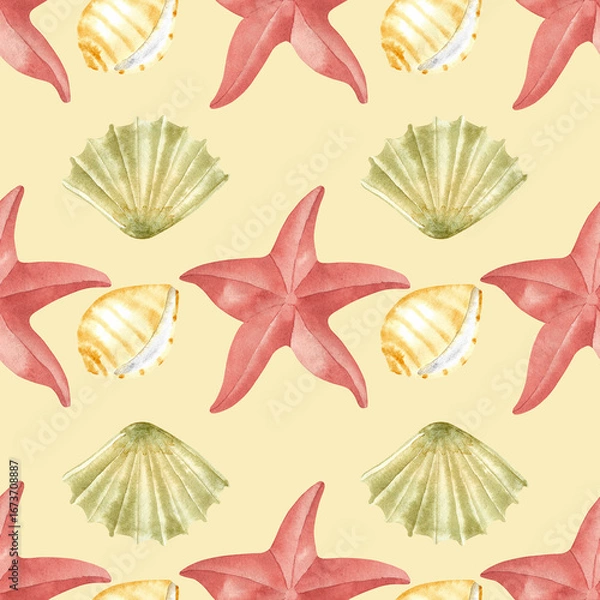 Fototapeta Underwater of shells, starfish seamless pattern. Watercolor illustration, hand drawn in gentle colors collection, isolated for cards, posters, packaging, labels, invitations, print