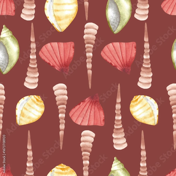 Fototapeta Underwater of shells pattern, starfish. Watercolor illustration, hand drawn in gentle colors collection, isolated for cards, posters, packaging, labels, invitations, print