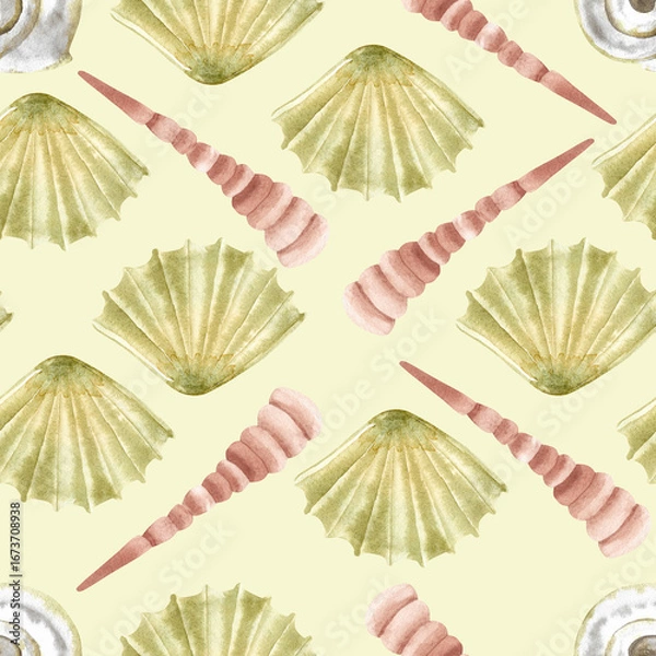 Fototapeta Underwater seamless pattern of shells, starfish. Watercolor illustration, hand drawn in gentle colors collection, isolated for cards, posters, packaging, labels, invitations, print