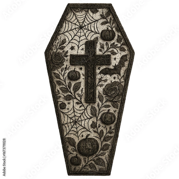 Fototapeta coffin illustration with lace floral pattern decorated with cross pumpkins cobwebs bats and roses in gothic halloween style on dark background concept of apparel design concept of holiday decor