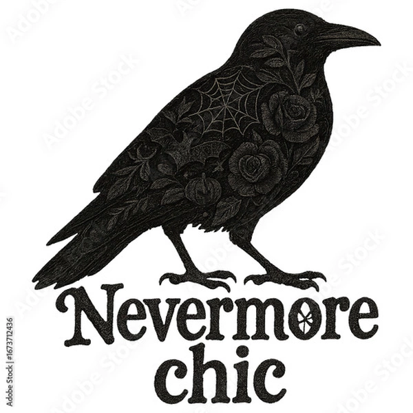 Fototapeta raven illustration with lace floral pattern decorated with roses pumpkins and cobweb in gothic halloween style with phrase nevermore chic on dark background concept of apparel design