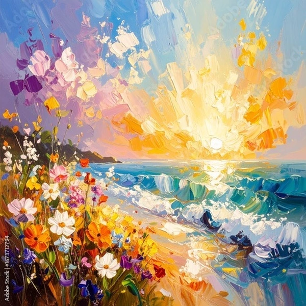 Fototapeta 海辺の色鮮やかな野花と印象派の夕日