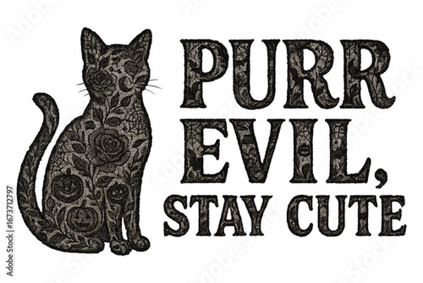 Fototapeta cat illustration with lace floral pattern decorated with roses and pumpkins and gothic halloween phrase purr evil stay cute on dark background concept of apparel design concept of holiday decor