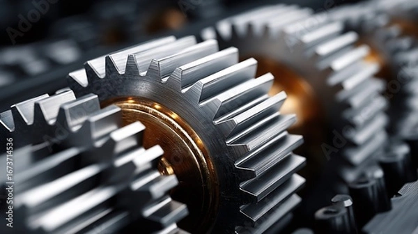 Fototapeta High-resolution perspective view of intricately aligned metal gear wheel in mechanical design