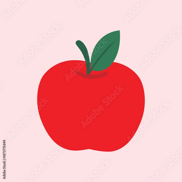 Fototapeta A minimalist illustration of a red apple with green leaves on a soft pink background. This simple design is perfect for icons, decoration, or modern graphic needs.