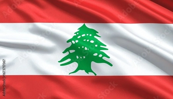 Fototapeta Lebanon flag with red-white-red horizontal stripes and central green cedar tree.