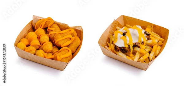 Obraz Delicious cheese snacks and loaded fries served in takeout containers