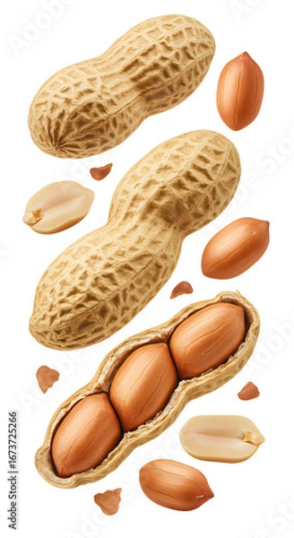 Fototapeta Peanuts in shells and shelled peanuts isolated on white background, healthy nuts for cooking and snacking