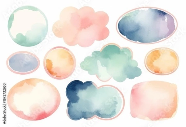 Fototapeta A beautiful collection of hand-painted watercolor frames and shapes in delicate pastel colors for creative design projects