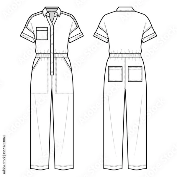 Obraz Technical flat sketch of Utility Jumpsuits. Button up overall Boilersuit with collared neck and roll-up short sleeve. Flap patched pockets and stitch details. Vector mock up Template. 