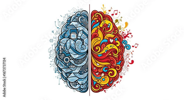 Fototapeta Dual Brain Illustration with Cool Blue and Warm Red on Transparent Background