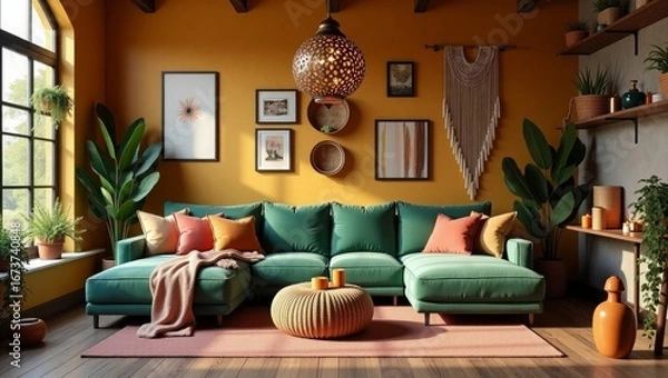 Fototapeta Teal sectional sofa with colorful pillows and throw