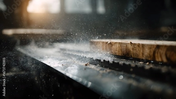 Fototapeta Table saw cutting wood with precision and sharp focus