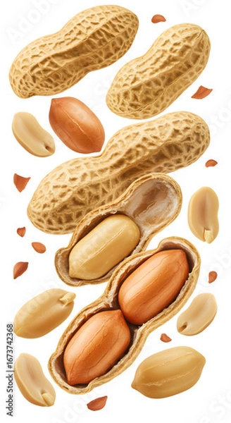 Fototapeta Close-up of shelled and unshelled peanuts isolated on white background, healthy snack ingredient perfect for cooking and baking