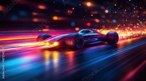 Obraz Futuristic race car streaks through vibrant night