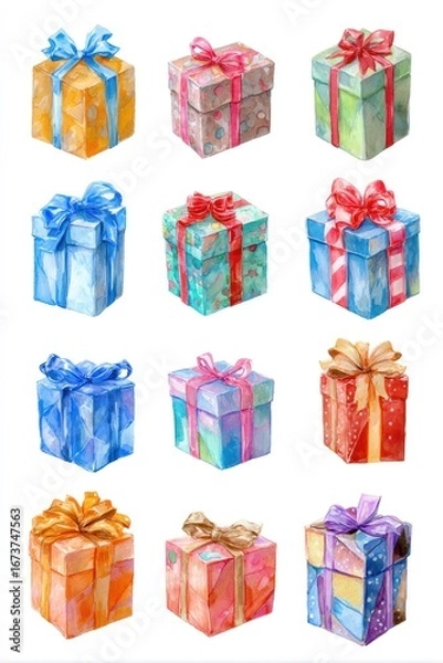 Fototapeta Watercolor gift boxes, various colors and patterns