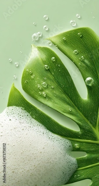 Fototapeta Fresh green leaf with cleansing foam