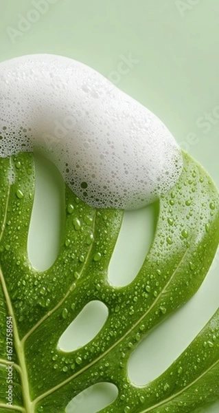 Fototapeta Foamy soap on a lush, patterned leaf