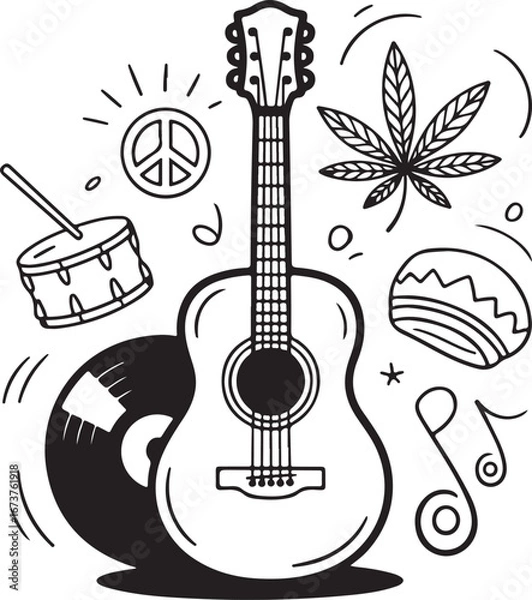 Obraz Musical Instruments, Peace Symbols, Cannabis Leaf, and Lifestyle