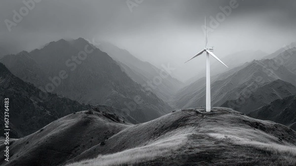 Fototapeta Gray-scale wind turbine atop a hill, mountains in the background