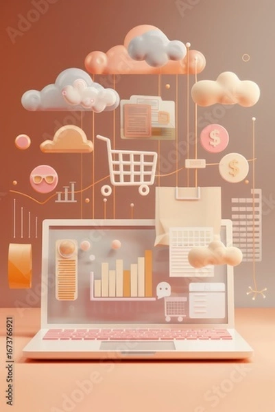 Fototapeta Pastel laptop with floating icons