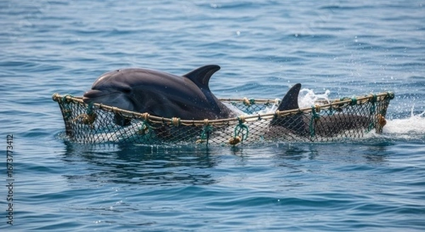 Fototapeta Two Dolphins Trapped and Struggling in a Fishing Net in the Clear Blue Ocean